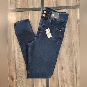 Express skinny high rise 4 way hyper stretch busted knee dark blue